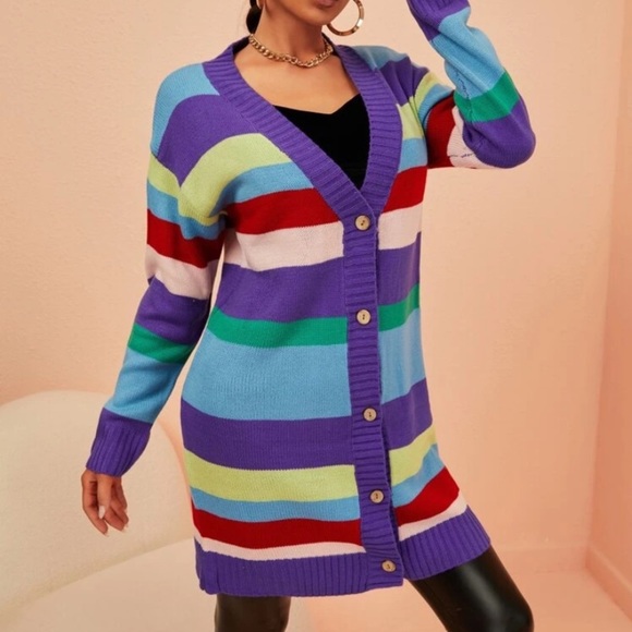 NEW INVENTORY 🎆Rainbow Stripe Pattern Drop Shoulder Cardigan🎆 - Picture 3 of 11